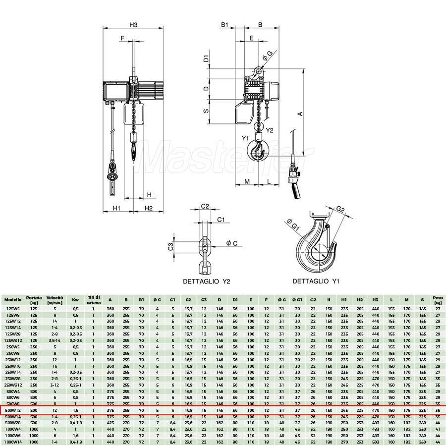 Rwm 500W12 - Paranco elettrico professionale a catena, portata 500Kg