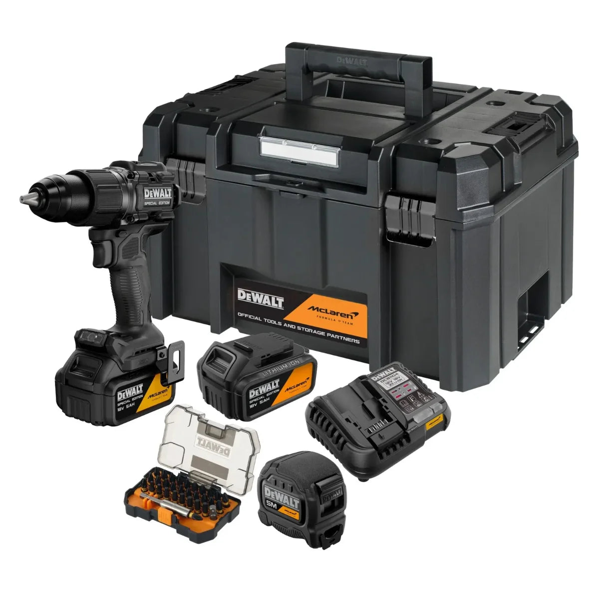 Dewalt DCD86MP2KT-QW McLaren - Trapano avvitatore con percussione + kit flessometro e inserti - 2 batterie da 5Ah 18V