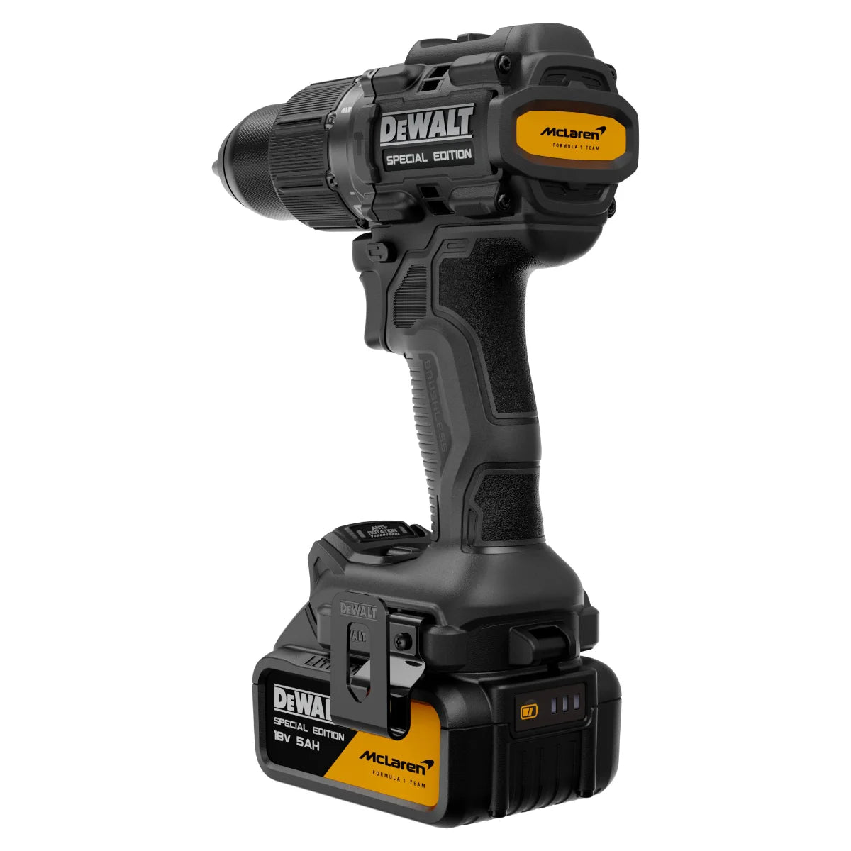 Dewalt DCD86MP2KT-QW McLaren - Trapano avvitatore con percussione + kit flessometro e inserti - 2 batterie da 5Ah 18V