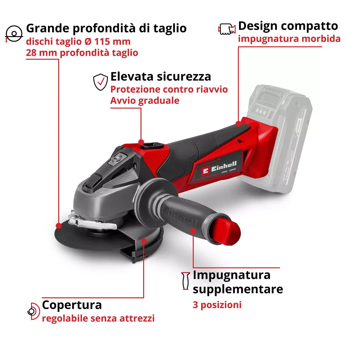 Einhell TE-AG 18/115 Li Solo - Smerigliatrice angolare a batteria, solo corpo