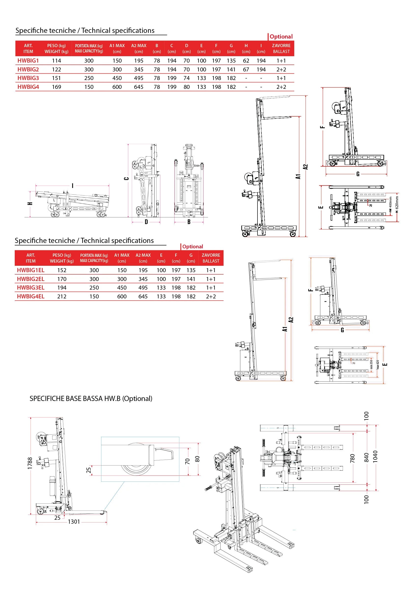 Faraone HWBIG3 - Sollevatore manuale 250kg, altezza 450cm