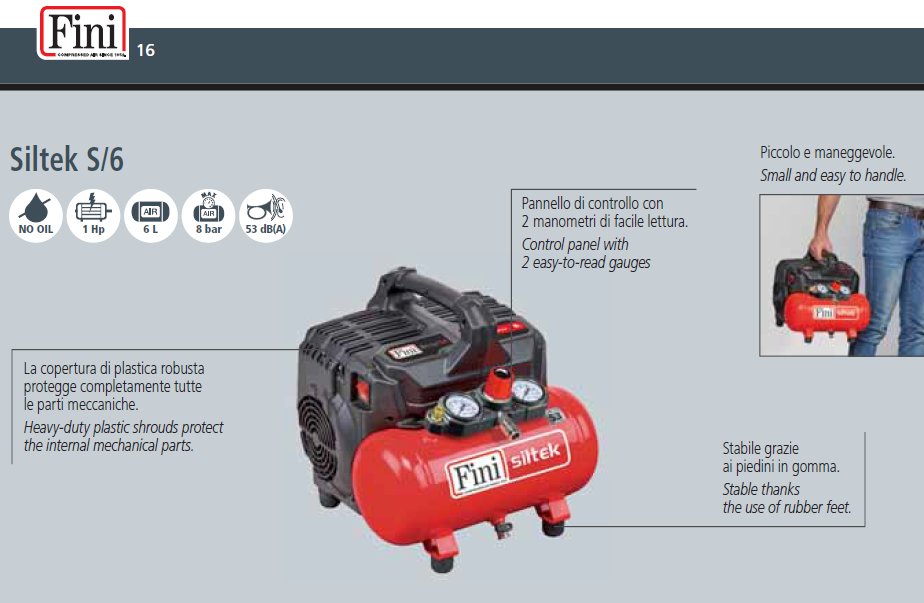 Fini Siltek S/6 Compressore portatile senza olio silenzioso 53-59 dB , 8 bar , 220v , 6 litri ideale per professionisti