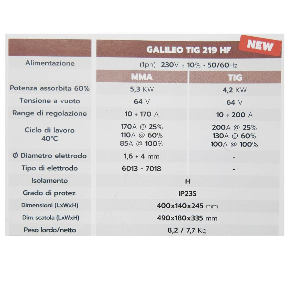 Helvi Galileo TIG 219 HF - Saldatrice inverter multifunzione MMA e TIG HF 