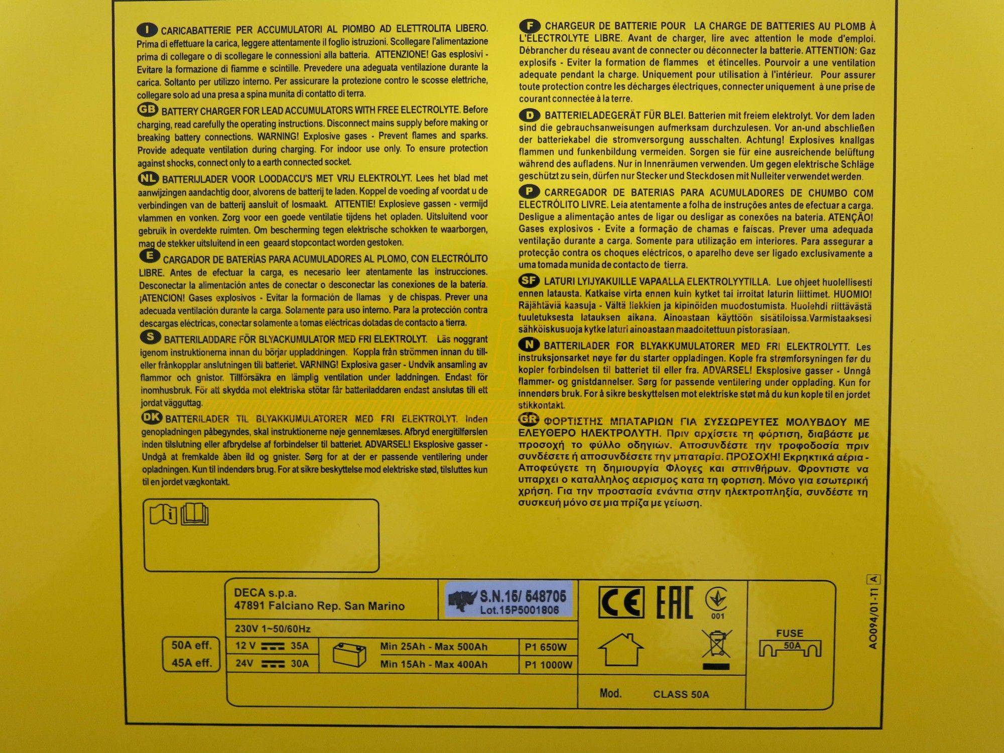 Caricabatterie elettromeccanico 12-24V Deca CLASS 50A