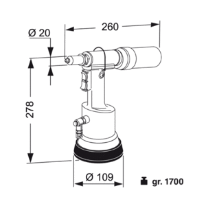 Rivettatrice FAR RAC210 oleopneumatica con trattenuta del rivetto e recupero del chiodo tranciato.