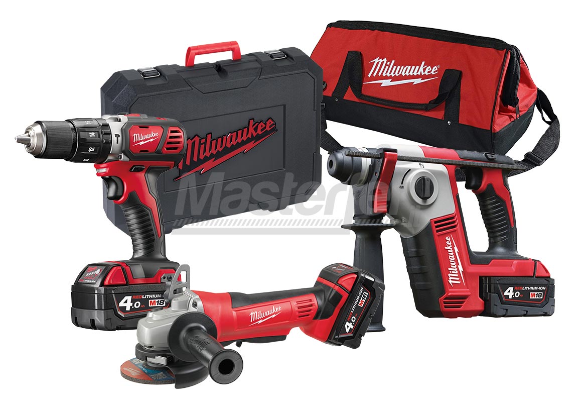 Kit Milwaukee 18V M18 BPP3A-403B, trapano avvitatore + tassellatore sds-plus + smerigliatrice, 3 batterie da 4.0Ah, con valigetta e borsone