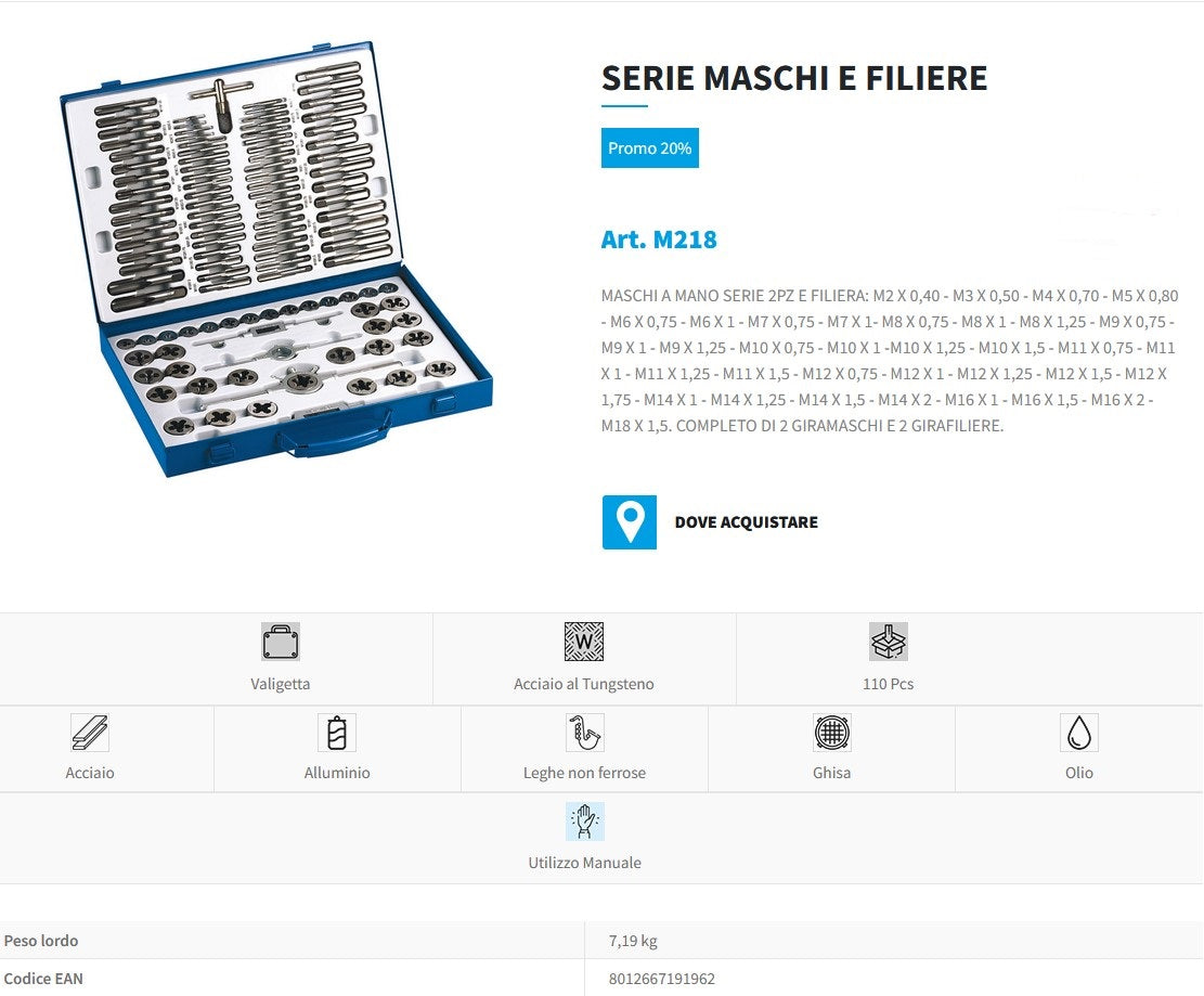 Fervi M218 - Set maschi e filiere in acciaio al tungsteno