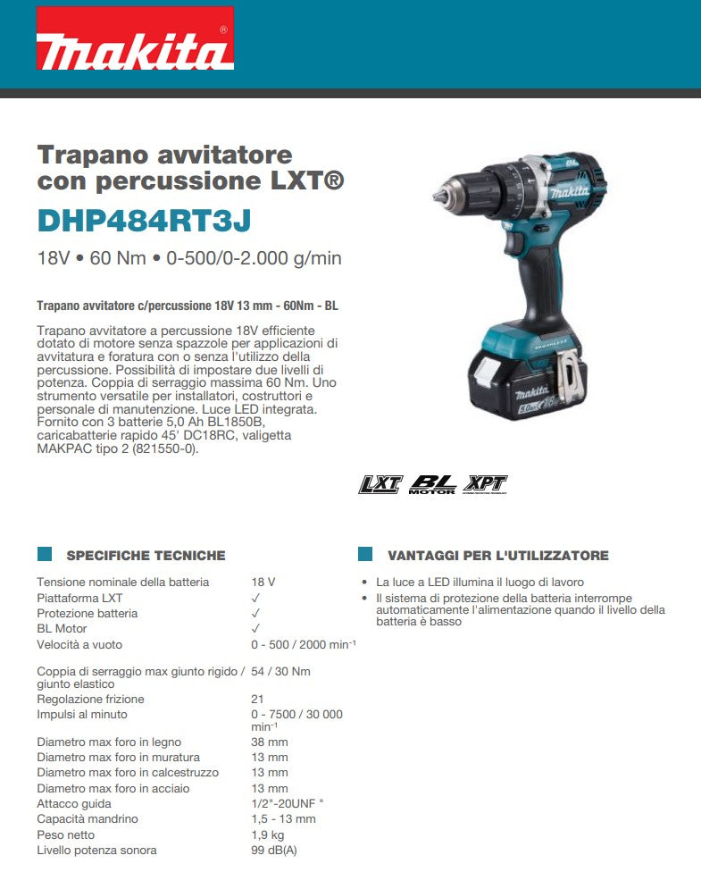 Makita DHP484RT3J Trapano avvitatore con percussione LXT 18V