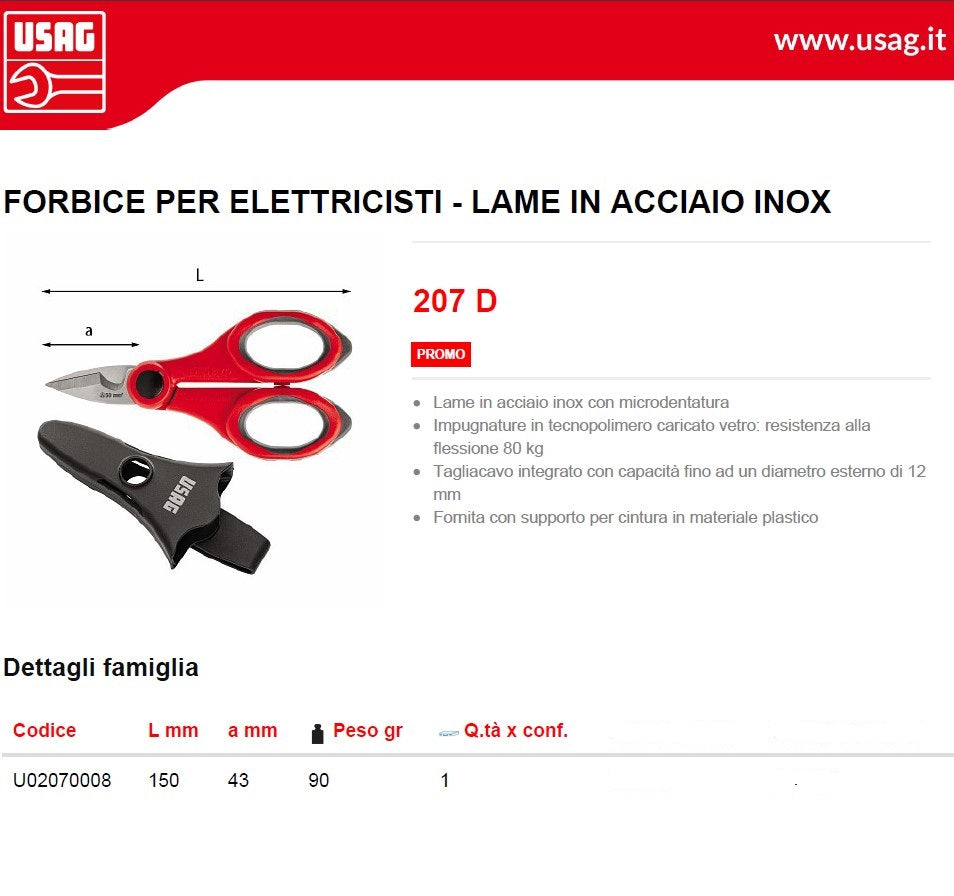 Usag U02070008 Forbice per elettricisti lame in acciaio inox