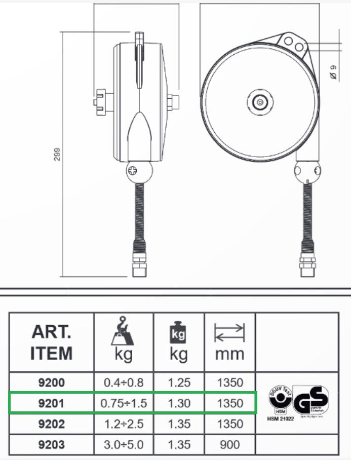 Tecna 9201 bilanciatore con tubo 8 bar portata da 0,75 - 1,5 kg