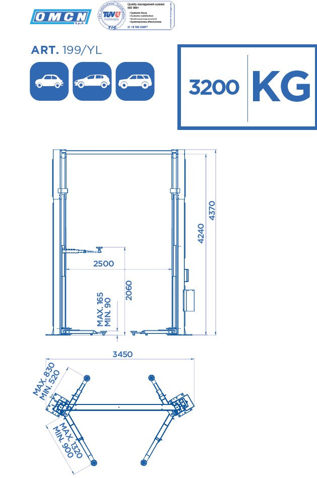 Omcn 199/yl+(A02 (220V))ponte sollevatore proffessionale 3200 kg , 2,2 Kw peso 770 Kg