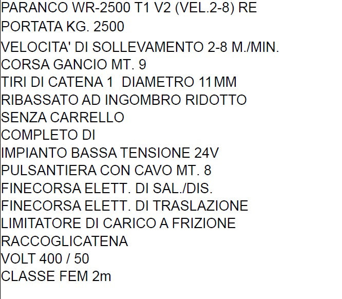 Rwm 2500WR28RE ct re 2500kg cavo gancio 9 metri "senza carrello" pulsantiera 8 metri 400v classe fem 2m