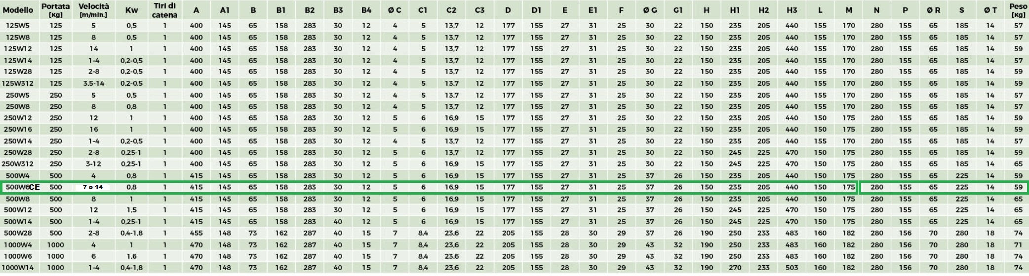 Rwm 500W6CE T1 V1 paranco 500KG con carrello elettrico velocità di translazione 7 o 14 m/min , catena 6 metri , pulsantiera 4 metri