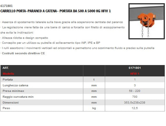 Unikraft 6171801 CARRELLO PORTA-PARANCO A CATENA PORTATA DA 1T HFW 1