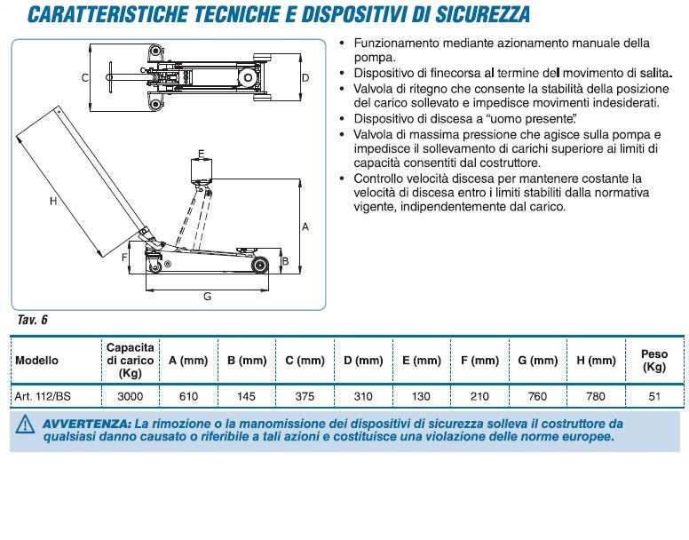 Sollevatore idraulico / cric a carrello OMCN 112/BS - 3,0 Tonnellate