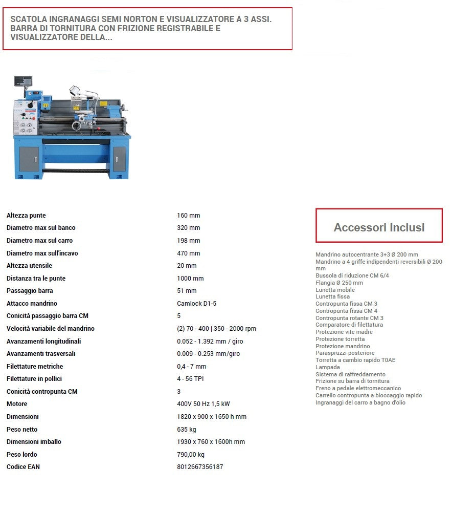 Fervi T998/400VI3A - Tornio parallelo con inverter