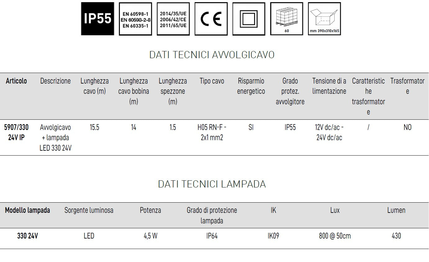 Zeca 5907/330 24V IP avvolgicavo con lampada