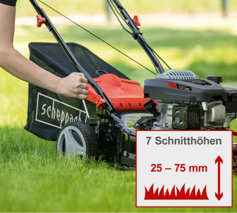 Scheppach mp132-42 Rasaerba tagliaerba a scoppio a spinta 3in1 132cc taglio 42cm, scocca in metallo