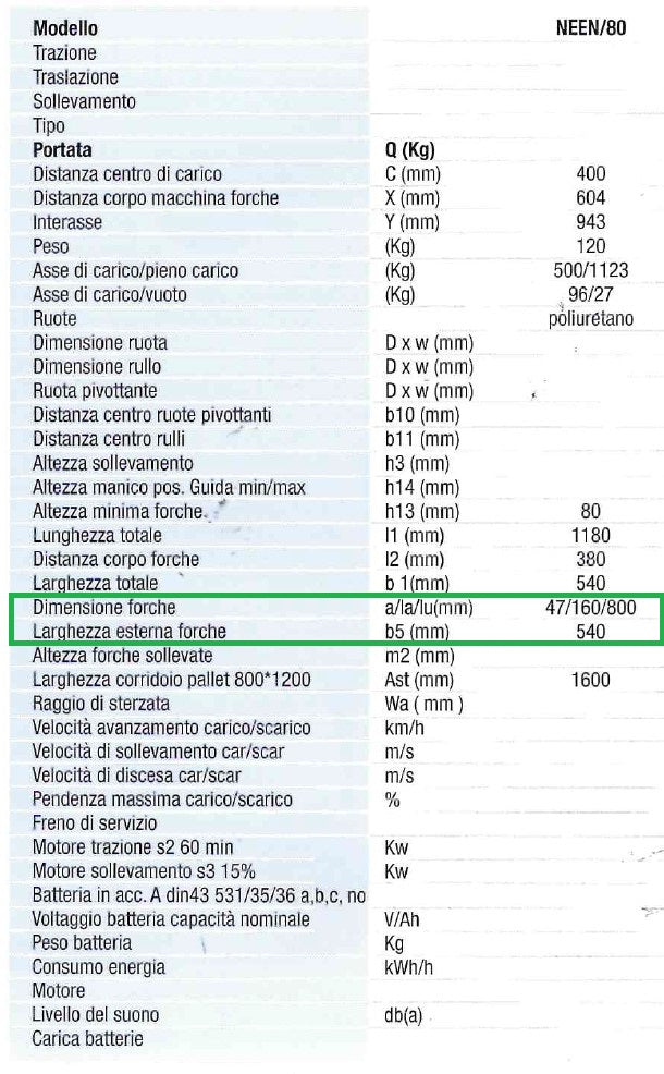 Transpallet elettrico NEEN/80 , forche lunghe 80 cm 1500 kg