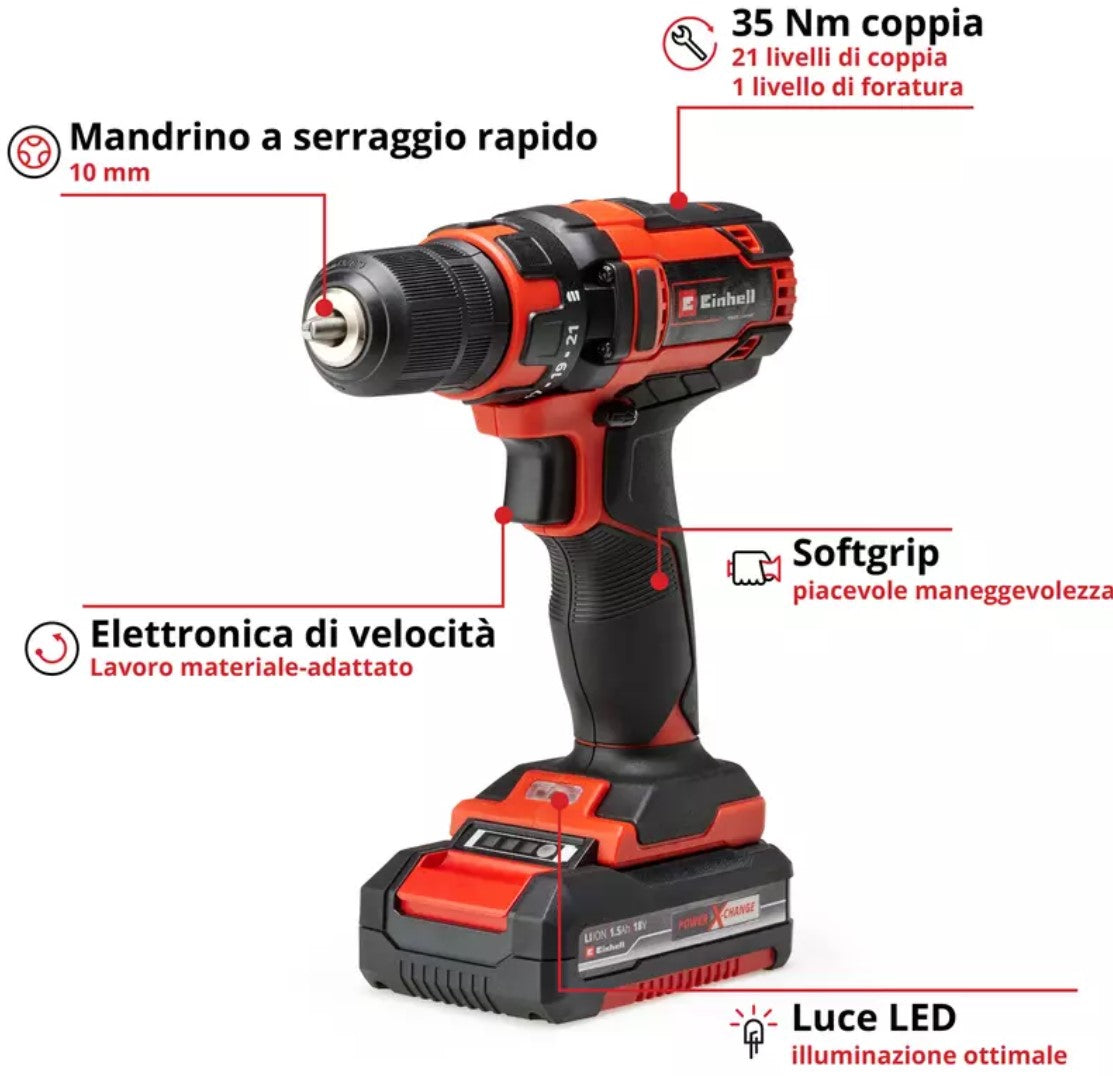 Einhell TC-CD 18/35 Li trapano a batteria con n.1 batteria da 1,5 Ah e n.1 caricabatterie