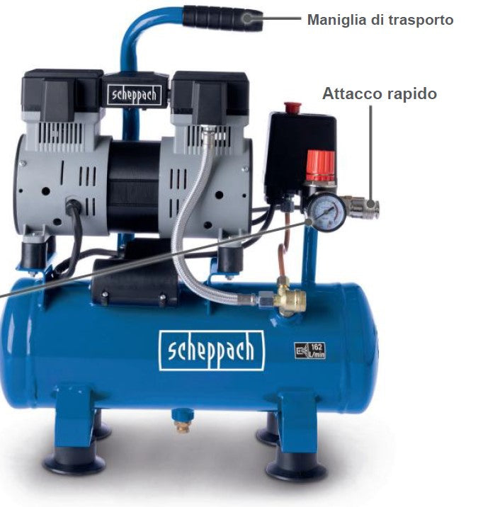 Scheppach HC08Si compressore , 6 litri , 8 bar , 162 l/min senza olio 220V silenzioso