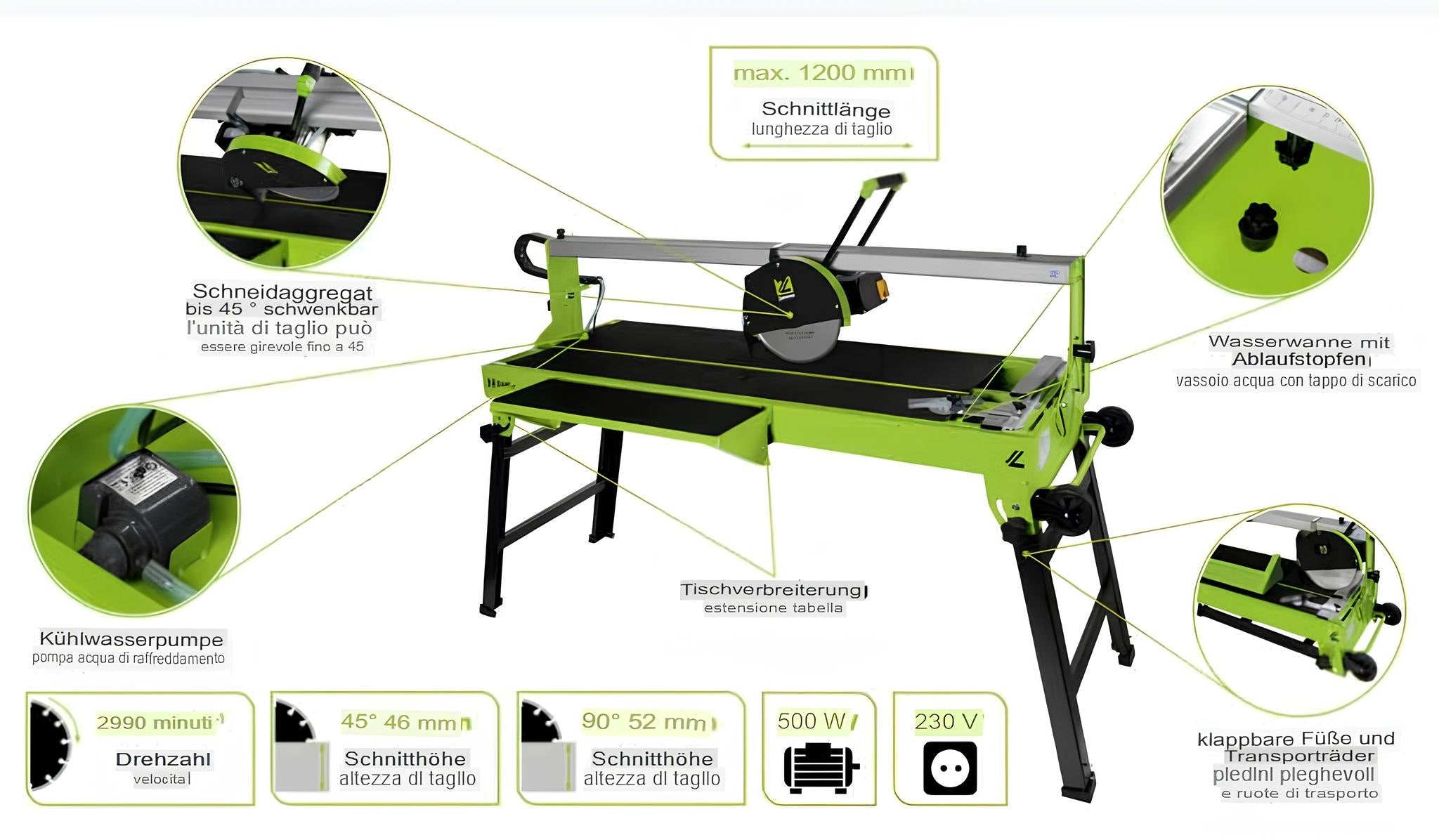 Zipper zi-fs250-1200 Tagliapiastrelle elettrica con banco ad acqua 120cm , 220V , max 1200W