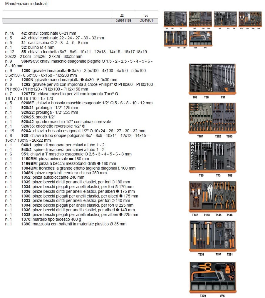 Beta 5904VI3T Assortimento di 144 utensili per manutenzioni industriali in termoformato rigido in ABS