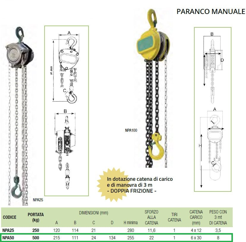 Paranco NPA50 paranco manuale per settore alimentare 500 Kg 3 m catena