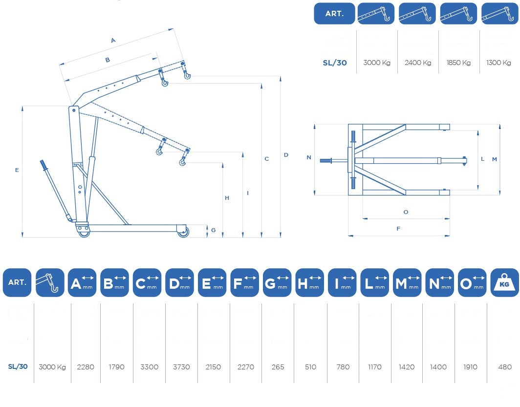 OMCN SL/30 GRU - GRUETTA IDRAULICA A CARRELLO ,TIRANTI LATERALI 3000 kg pompa a doppio effetto