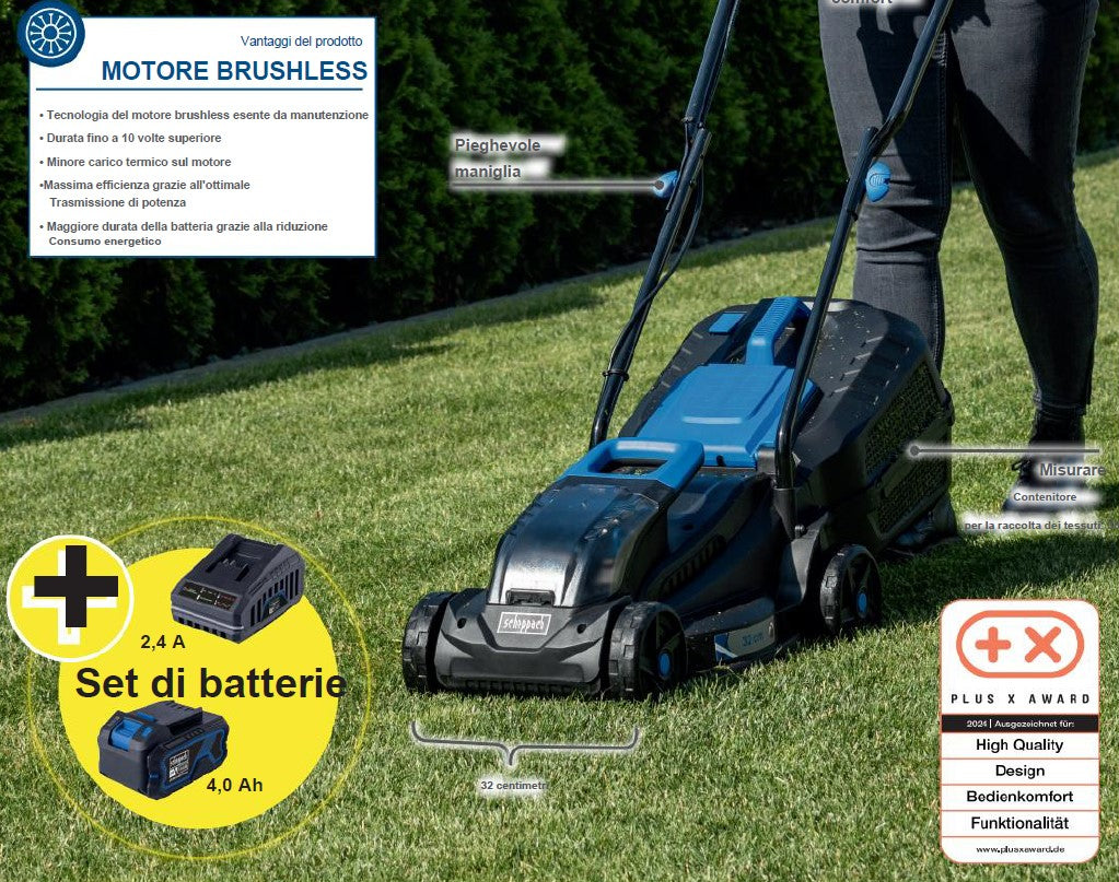 Scheppach bc-mp320-x rasaerba Brushless a batteria 20V , taglio 32 mm , 1 batteria 4.0Ah + caricabatteria incluso
