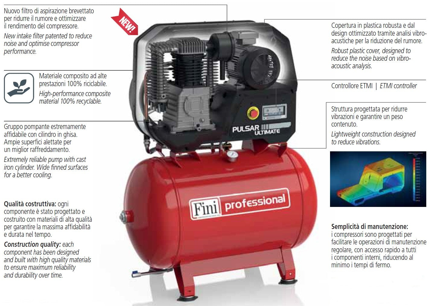 Fini PULSAR ULTIMATE K30-270-5,5 SD 270 litri , 10 bar , 5,5 Hp , 400v , silenziato , professionale , compatto, con ETMI