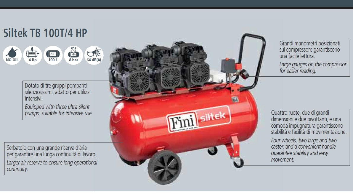 Fini Siltek tb 100t/4 hp , 100 litri , 8 bar , 4hp ,220v , compressore 3 motori , silenziato senza olio