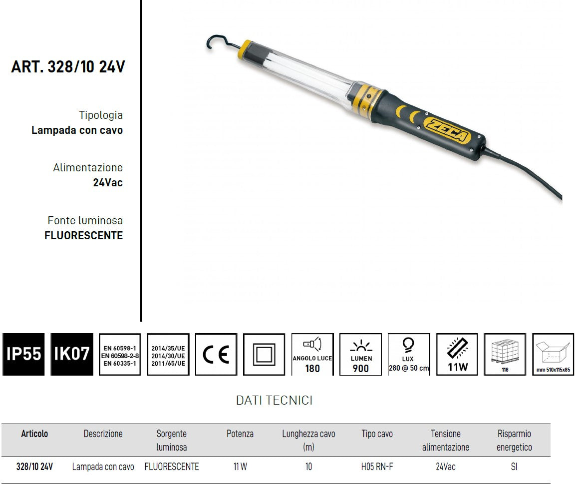 Zeca 328/10 24V lampada con cavo , 900 lumen , 11w , ip55 , ik07