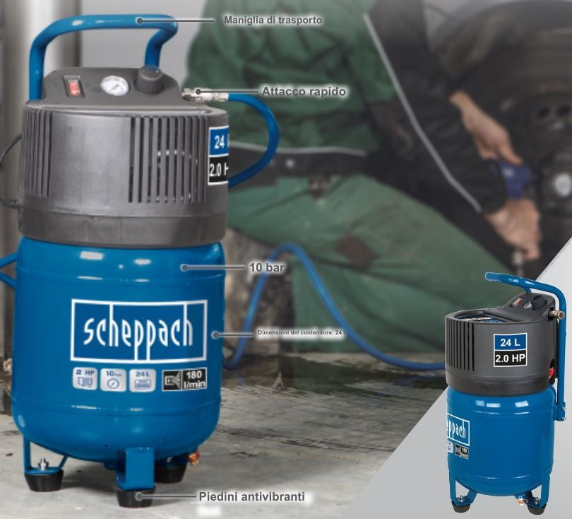 Scheppach hc24v Compressore verticale 24 litri 1,5 hp compatto , 220v , 1500w , senza olio