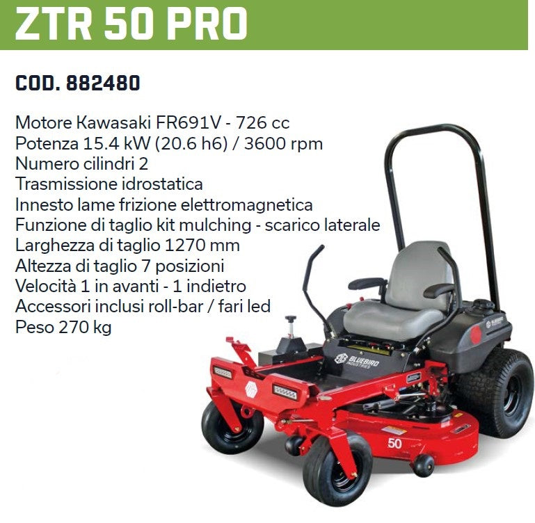 Bluebird ZTR 50 PRO Tagliaerba professionale zero turn, taglio127 cm con kit mulching , Kawasaki 726 cc