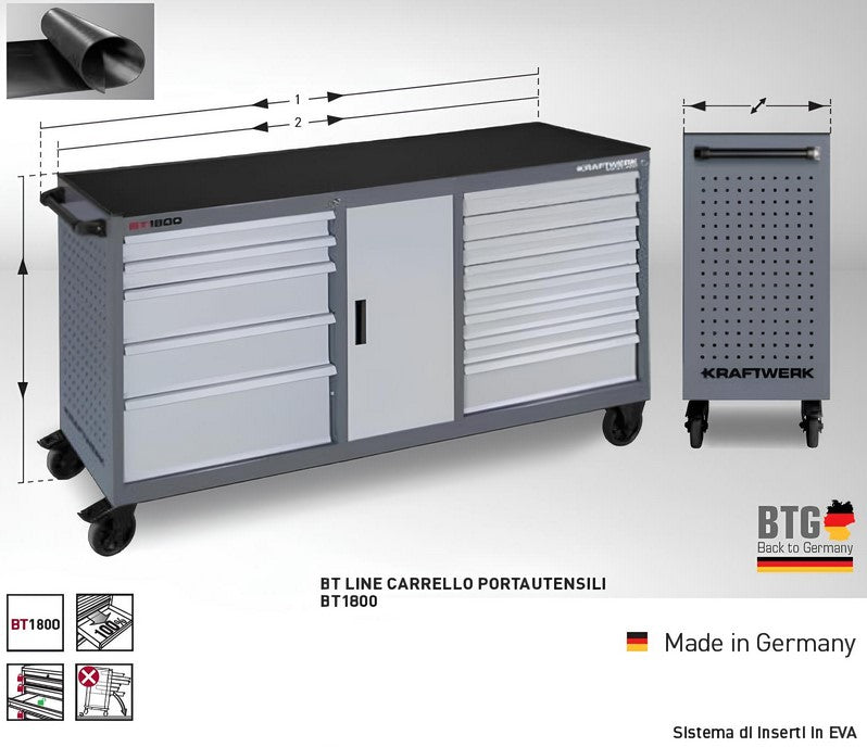 Kraftwerk BT1800 LINE Carrello con ruote Portautensili Cassettiera da officina vuoto , 1885x470xH1000 mm