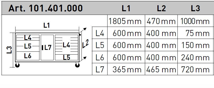 Kraftwerk BT1800 LINE Carrello con ruote Portautensili Cassettiera da officina vuoto , 1885x470xH1000 mm