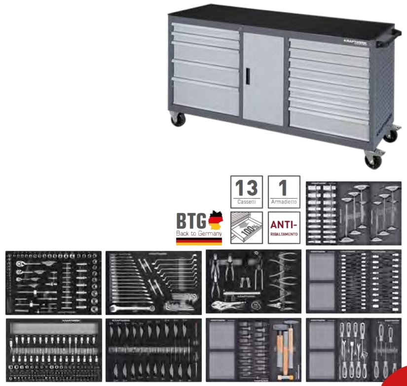 Kraftwerk BT1800 LINE Carrello con ruote Portautensili Cassettiera da officina completo con 377 utensili