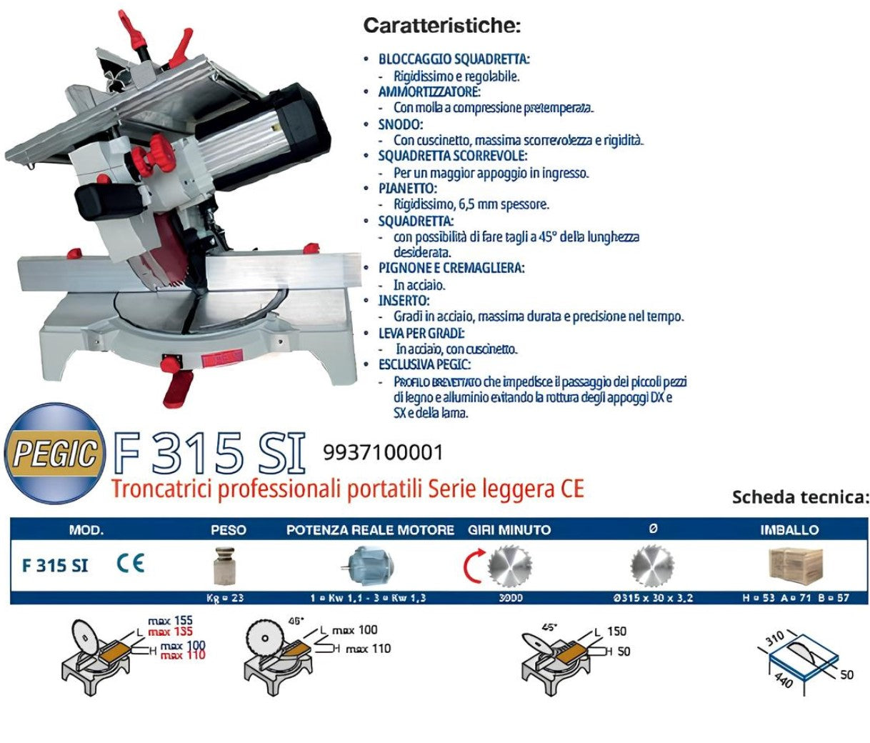 Troncatrice professionale per legno Pegic F 315 SI - monofase con profili brevettati