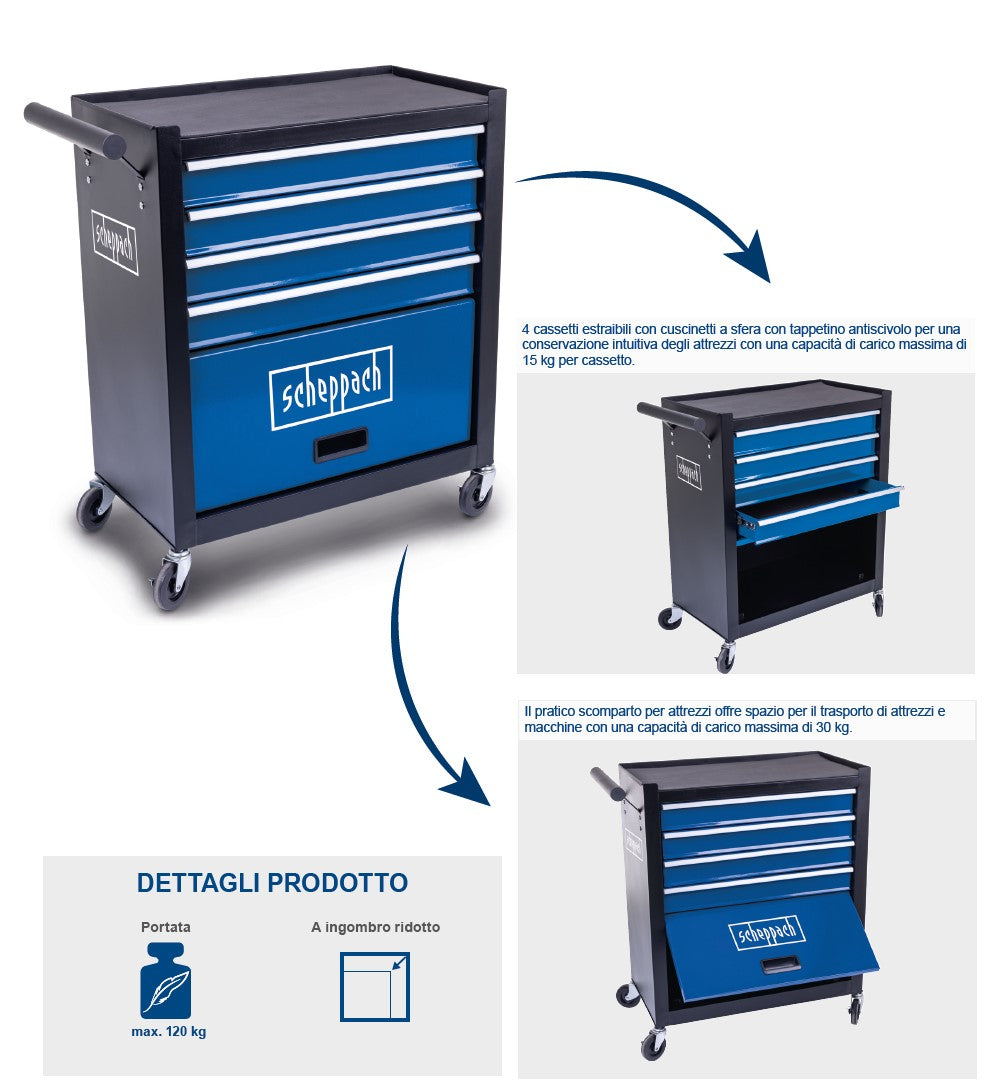 Scheppach tw1300 Carrello porta attrezzi e utensili 4 cassetti + 1 mobiletto , max carico 120 Kg