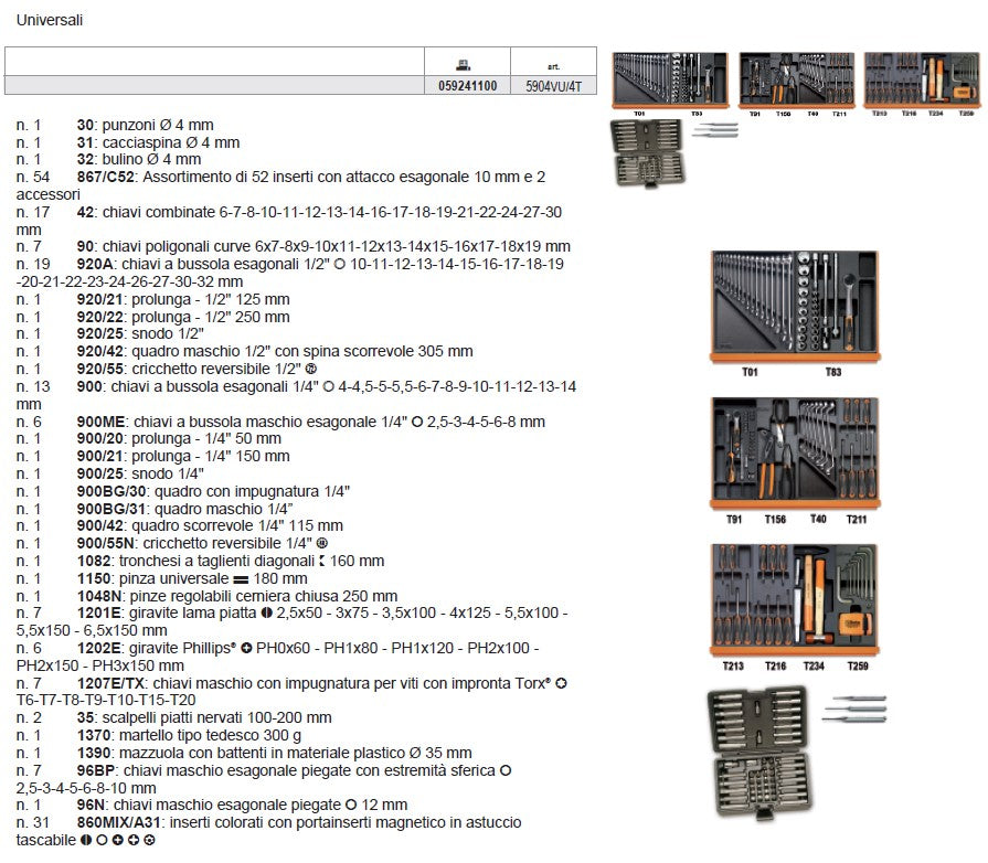 Beta 5904VU/4T Assortimento di 197 utensili per impiego universale in termoformato rigido in ABS