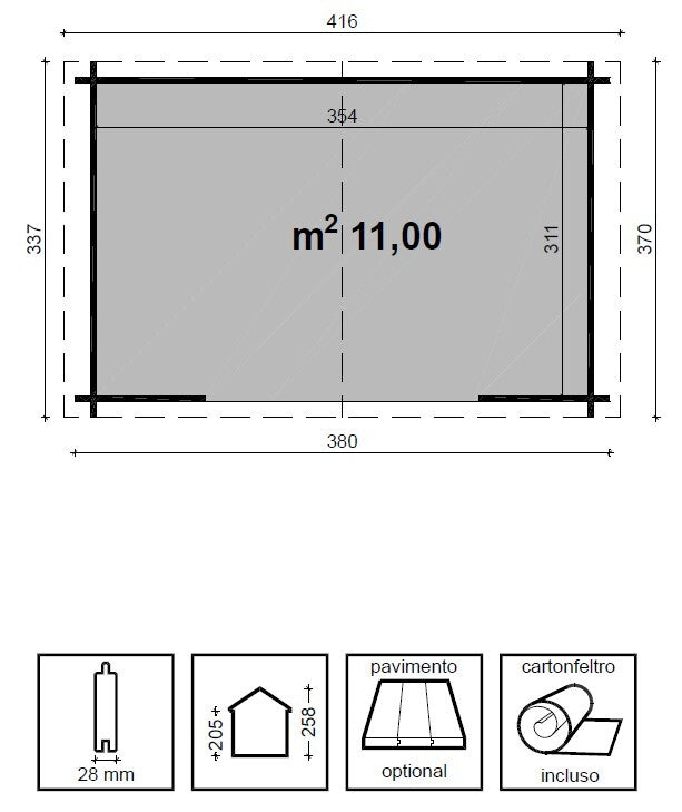 Losa Legnami Dorothy - Casetta in legno di abete impregnato - 380 x 337 x H 258 cm
