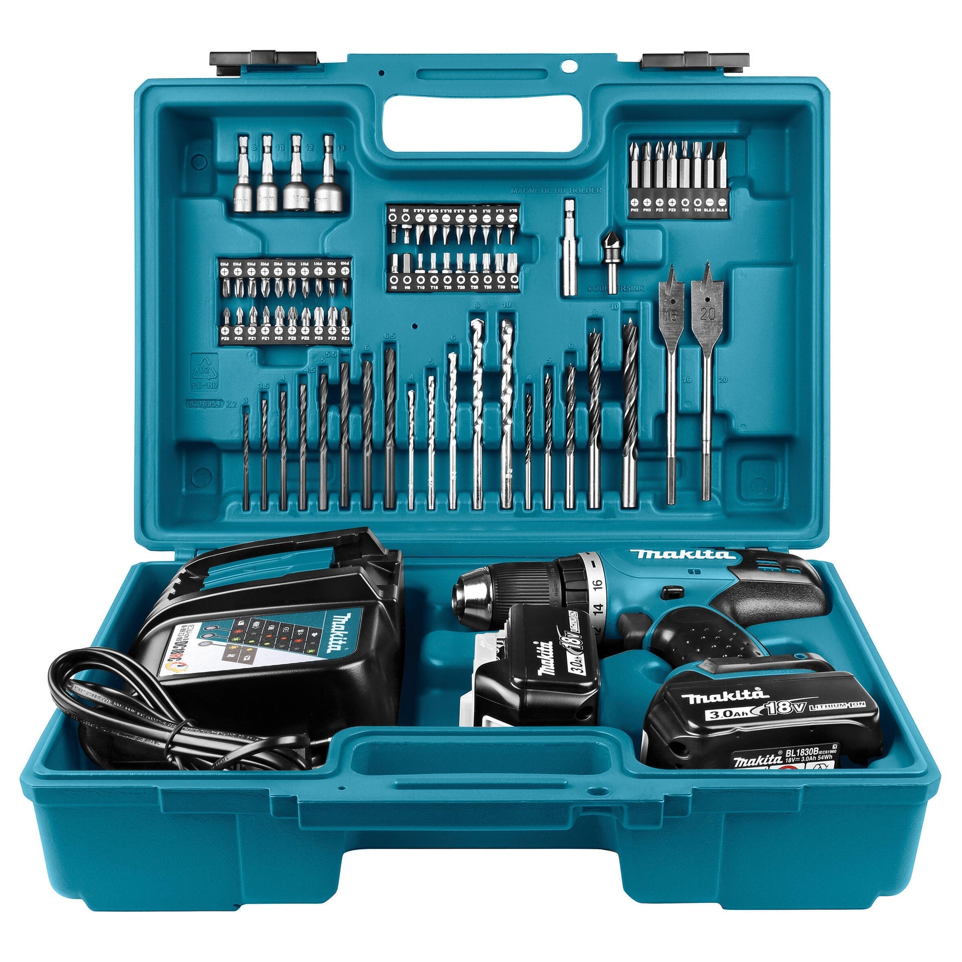Makita DHP453RFX4 - Trapano avvitatore a batteria con percussione, 2 x 3ah in valigetta e 74 accessori