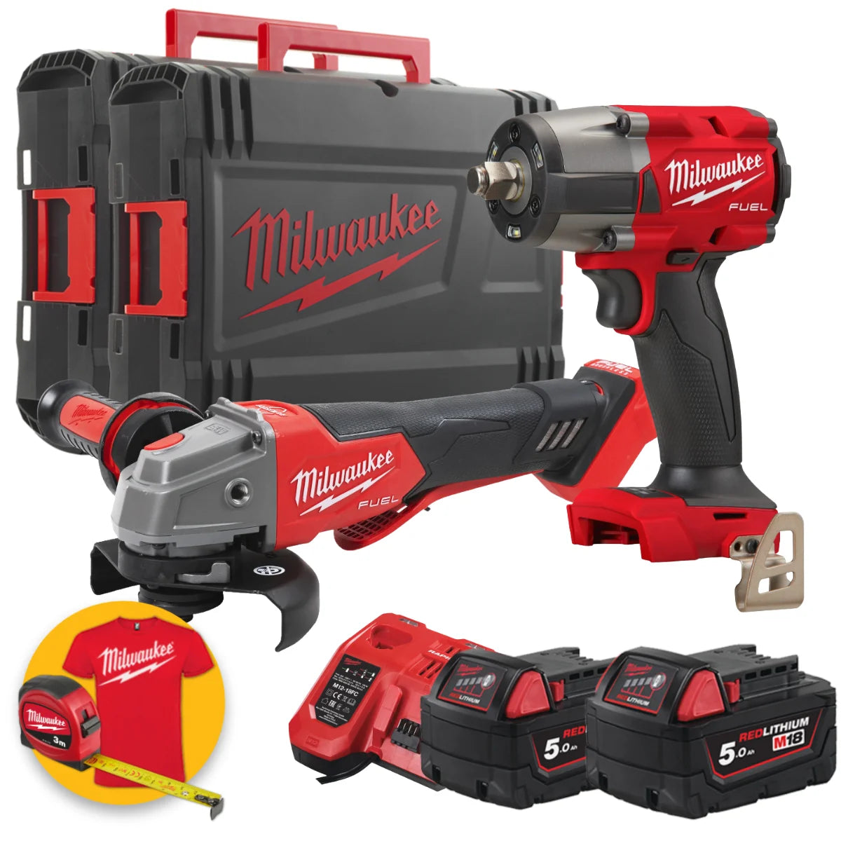 Kit utensili Milwaukee M18 - avvitatore impulsi FMTIW2F12 + smerigliatrice FSAGV125XPDB + 2 batterie 5Ah