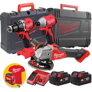 Milwaukee Kit elettroutensili M18 - Trapano, Smerigliatrice, Avvitatore a impulsi, 2 x 4Ah