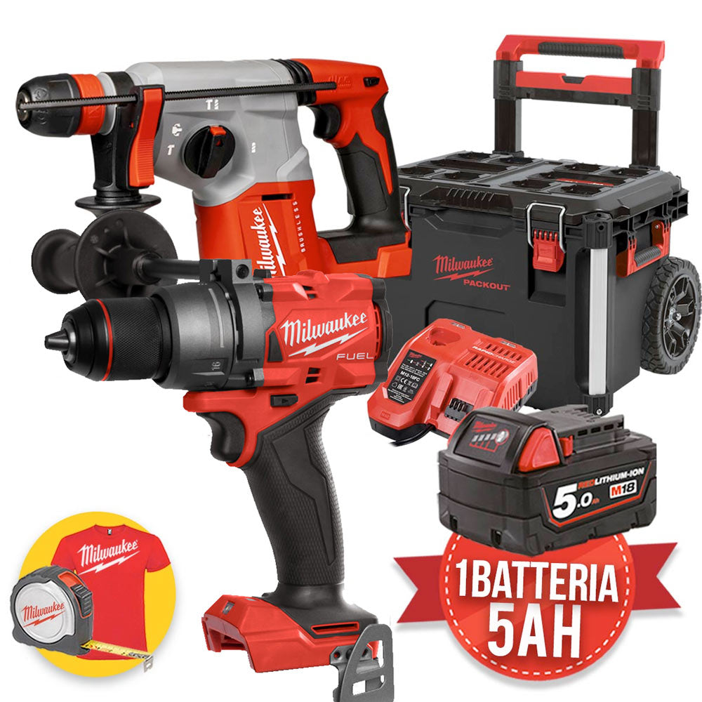 Milwaukee M18 FPP2P2-501PK - Kit utensili a batteria 18V Fuel Tassellatore + Trapano, 1 batteria 5Ah in trolley Packout