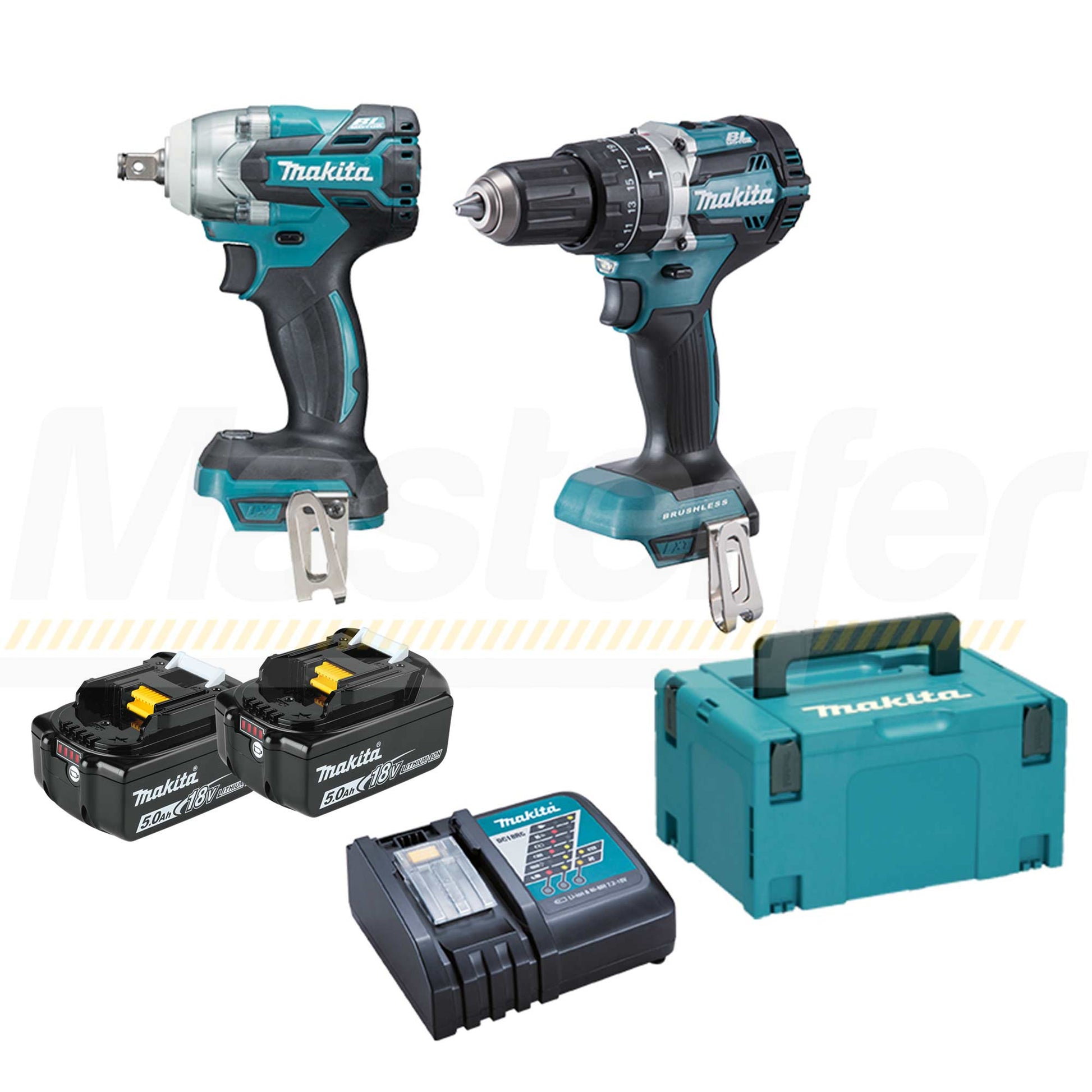 Makita DLX2250TJ1 - Kit utensili a batteria 18V,  Trapano avvitatore + Avvitatore a impulsi 2 x 5Ah con due batterie