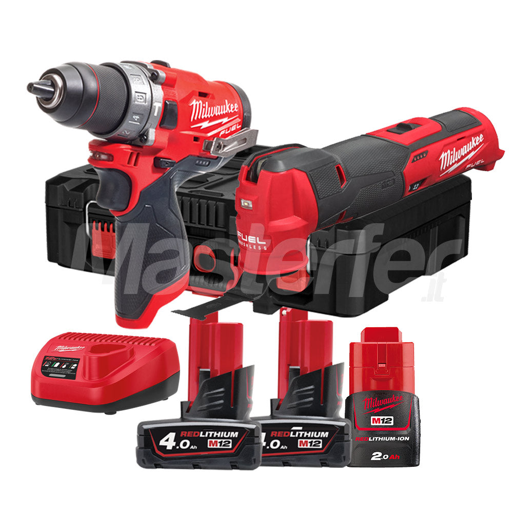Milwaukee M12 FPP2AX-423P - Kit utensili a batteria Fuel, Trapano, Utensile multifunzione, 3 batterie in valigetta Packout