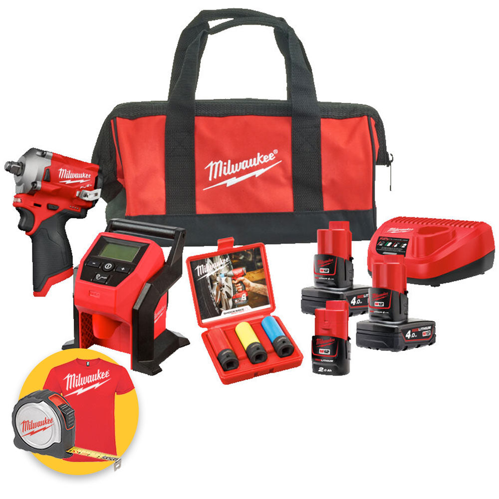 Milwaukee M12 FPP2BN-423B - Kit 12V avvitatore a impulsi M12 FIWF12 - Compressore M12 BI
