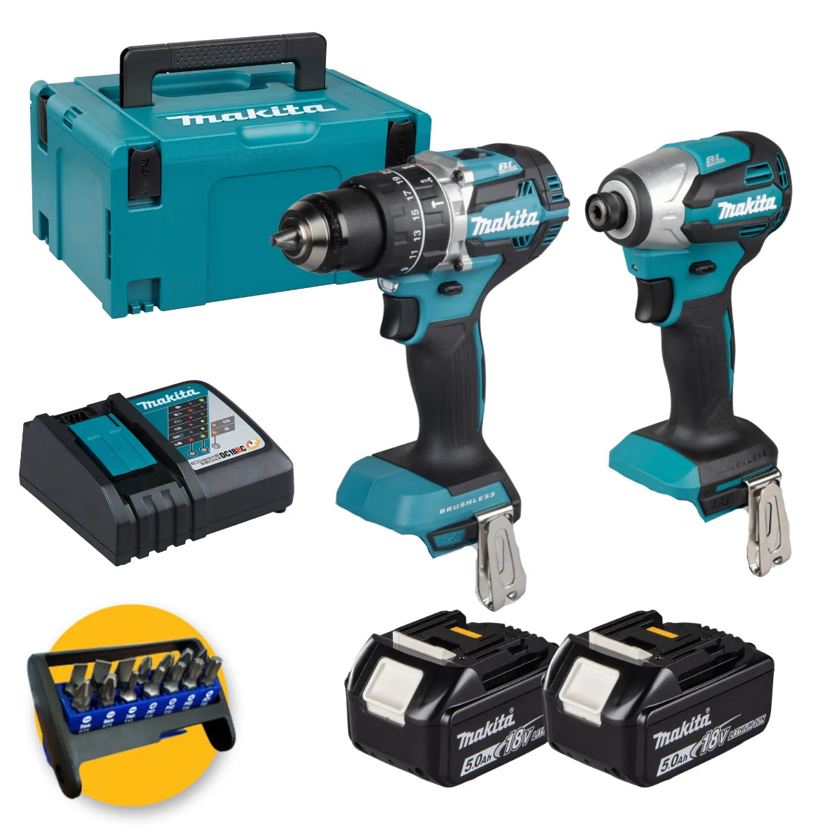 Kit Makita DLX2578T2J con trapano DHP484, avvitatore a impulsi DTD158 e 2 batterie 18V